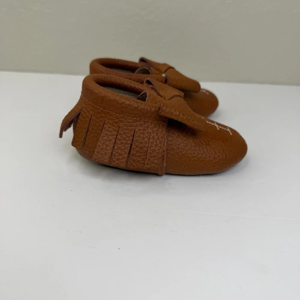 Monkey Feet Brown Baby Leather With Fringe and Bow Detail Slip-on Moccasin Shoes